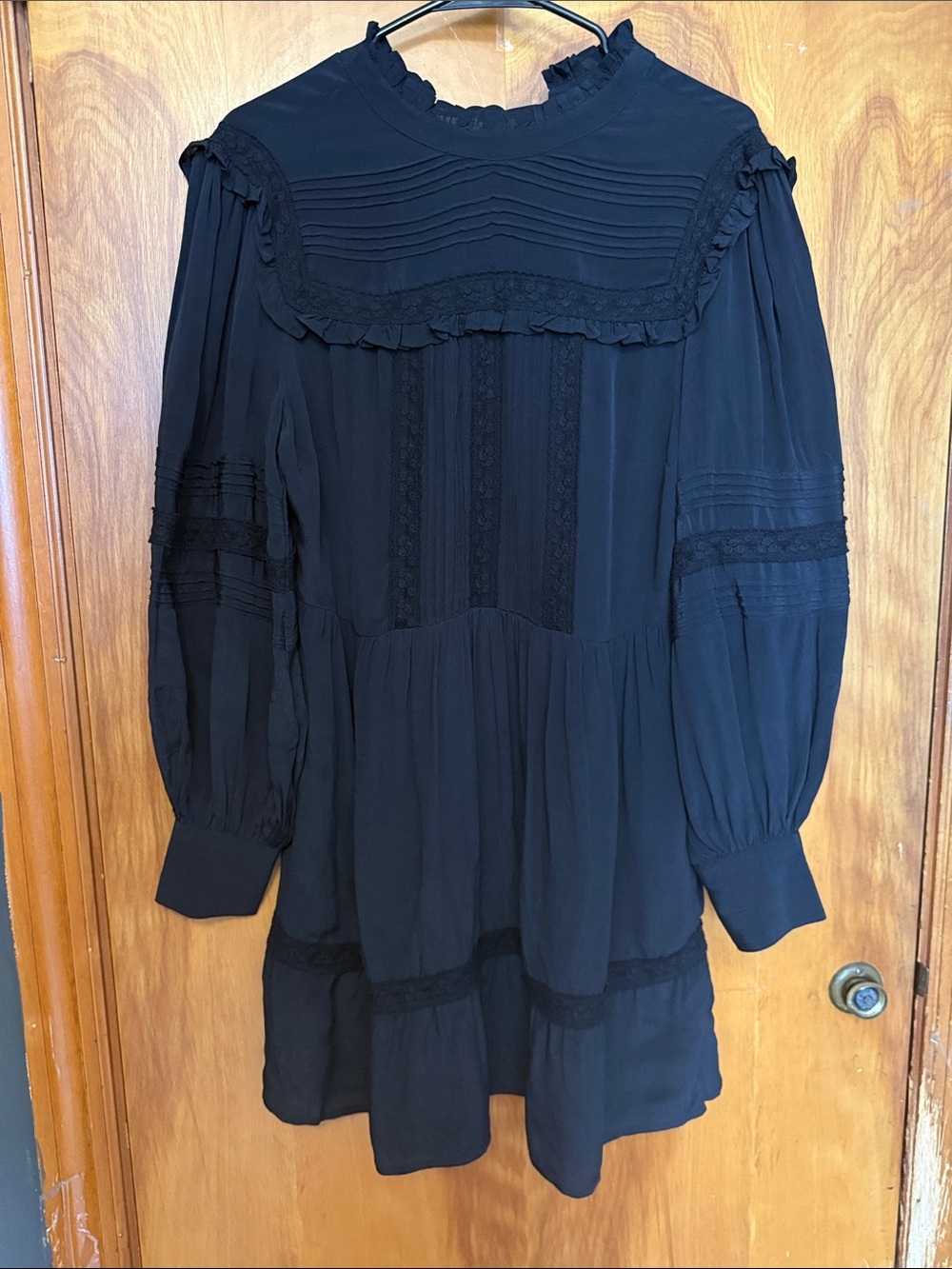 Topshop Black Long-Sleeve Lace Trim Pintuck Dress with zip up side. - Picture 3 of 12